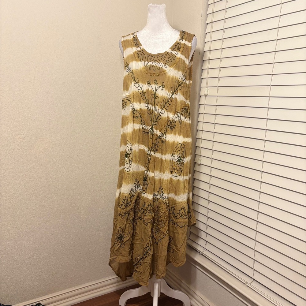 Brown Tie Dye Striped Embroidered Sequin Handkerchief Hem Boho Midi Dress